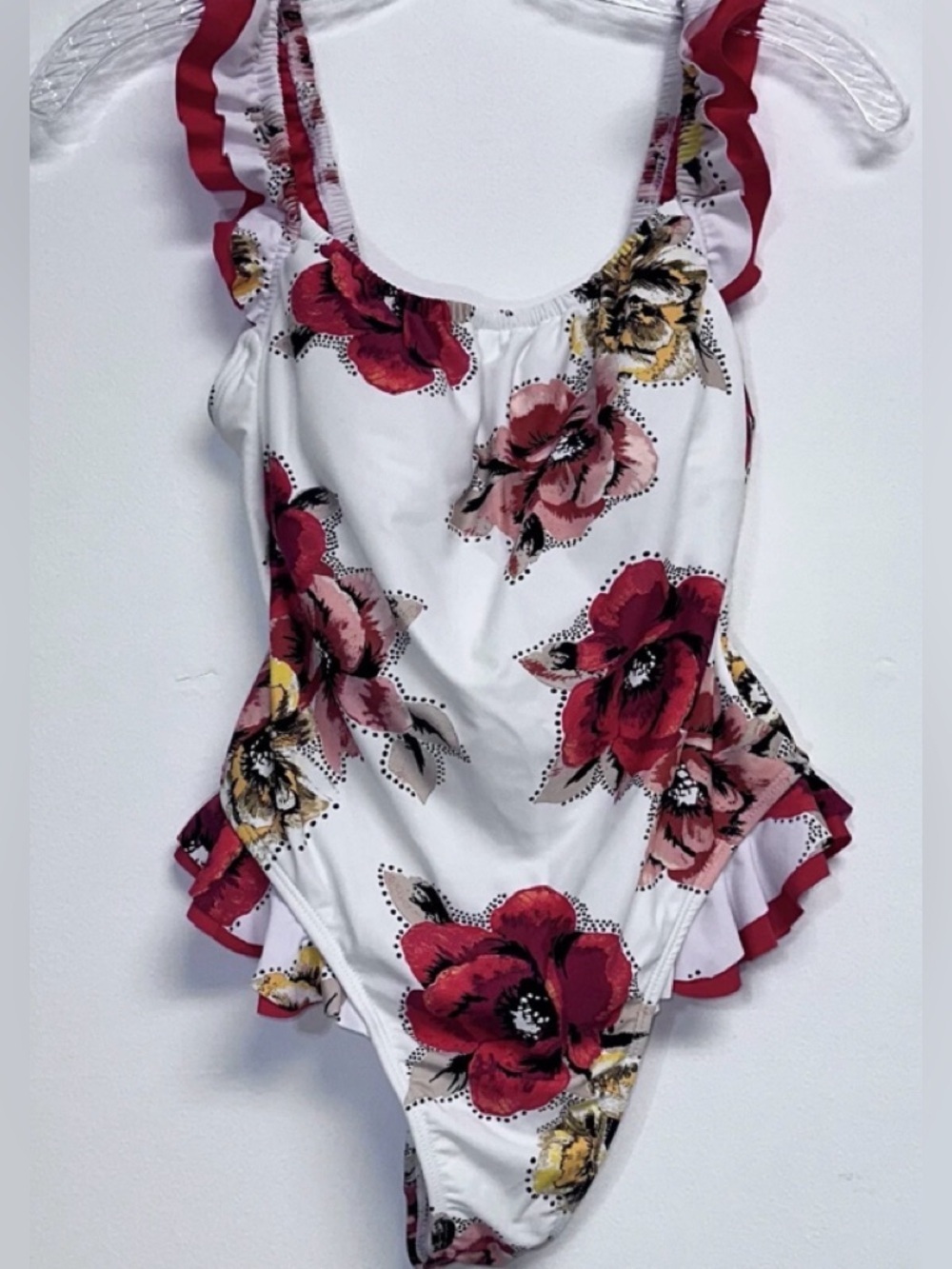 Decree One-Piece Size S White Red Floral Rose Print Swimsuit Ruffle Trim
